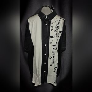 NEW Black & White Bowling Style Shirt Button Up Musical Print Size 3X Retro